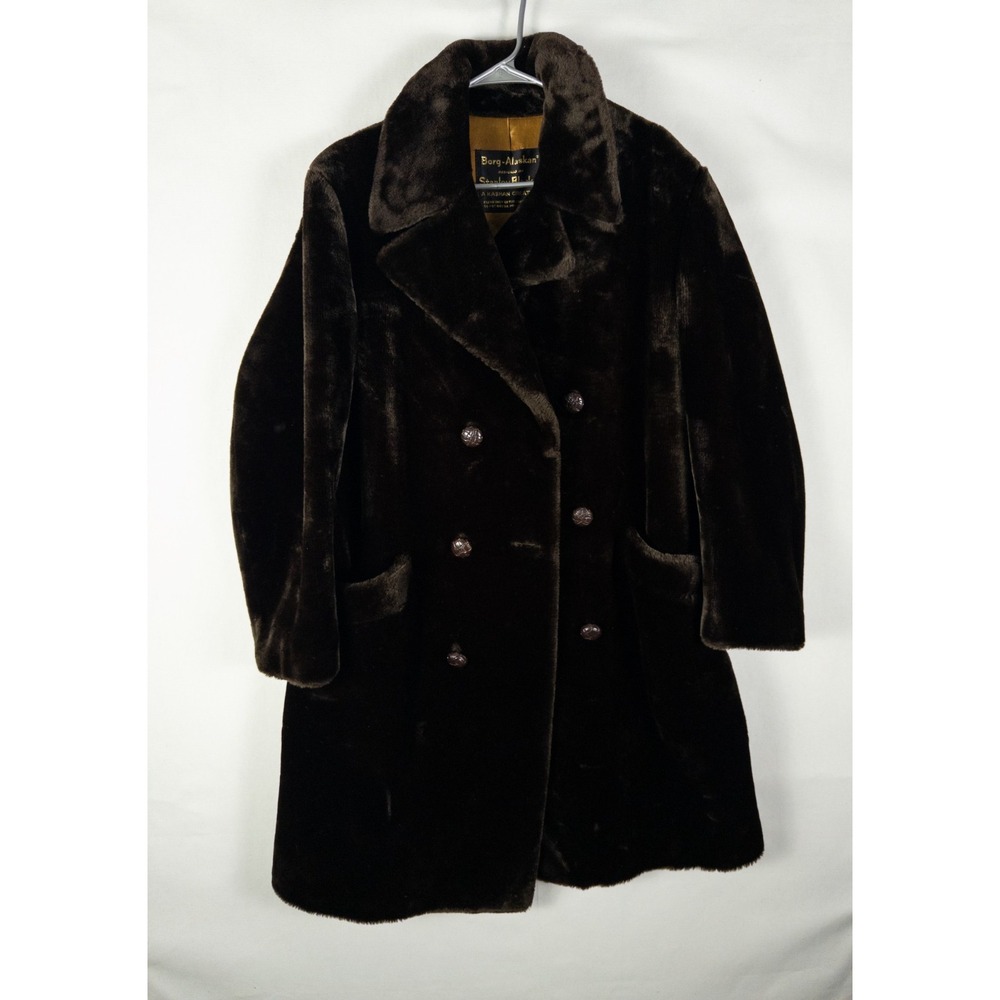 Vintage Borg Alaskan Stanley Blacker Faux Fur Coat Mens 40 L Brown Double Breast